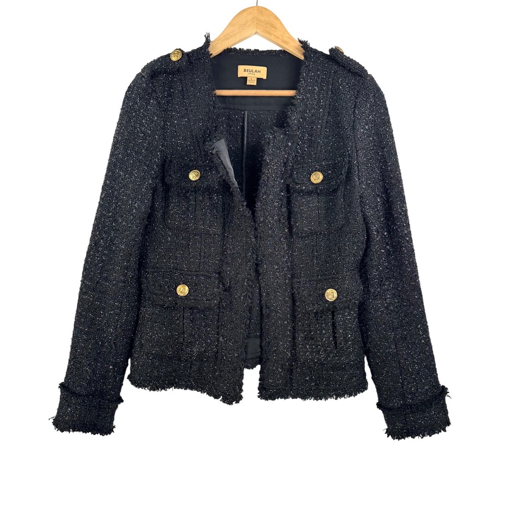 Beulah Tweed wool Jacket L Black Metallic Bouclé Gold Button Military money